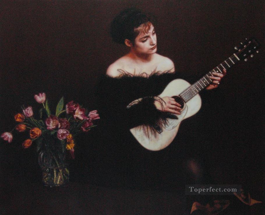 Woman Playing Guitar Chinese Chen Yifei Oil Paintings